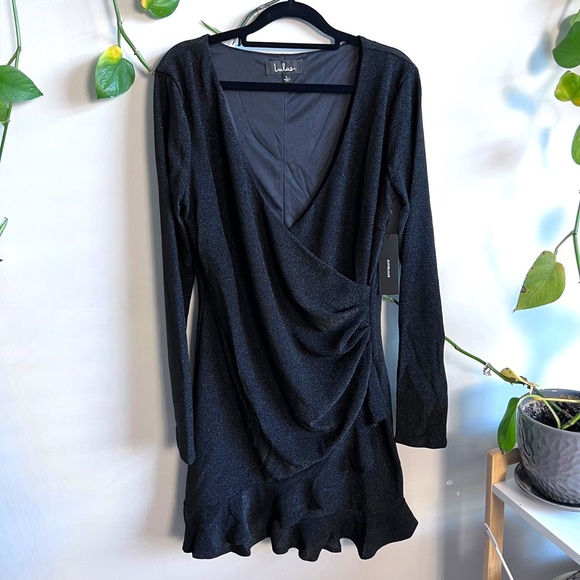 Lulus Brilliant Flash Shiny Black Asymmetrical Bodycon Dress Large - Picture 3 of 9